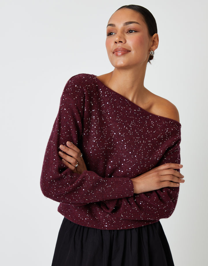 Berry Red Knitted Sequin Slash Neck Jumper