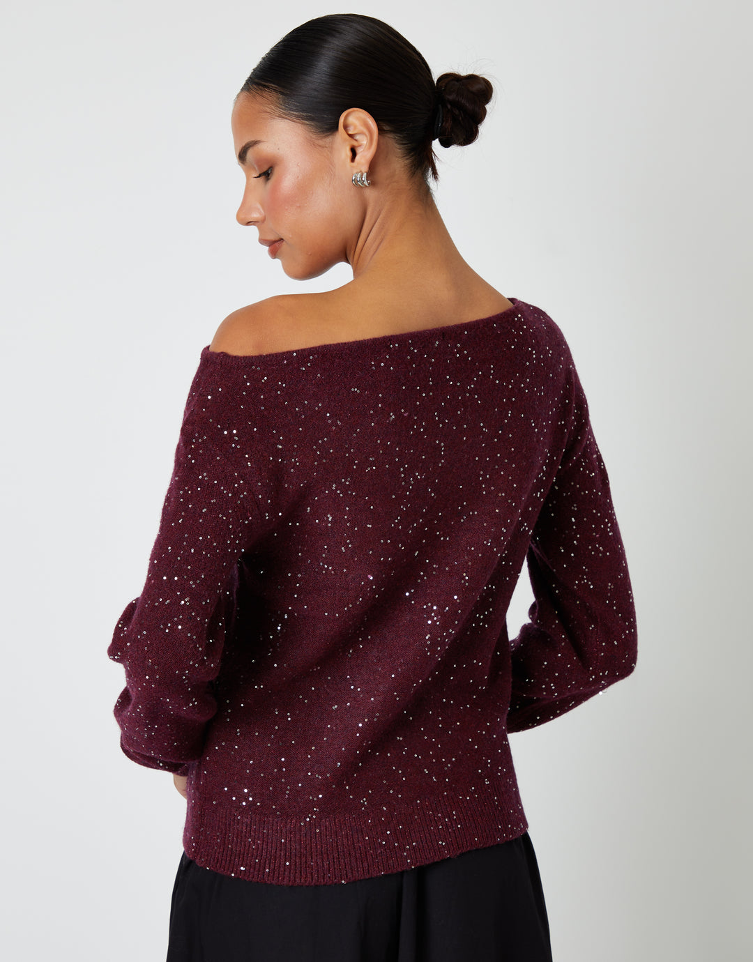 Berry Red Knitted Sequin Slash Neck Jumper