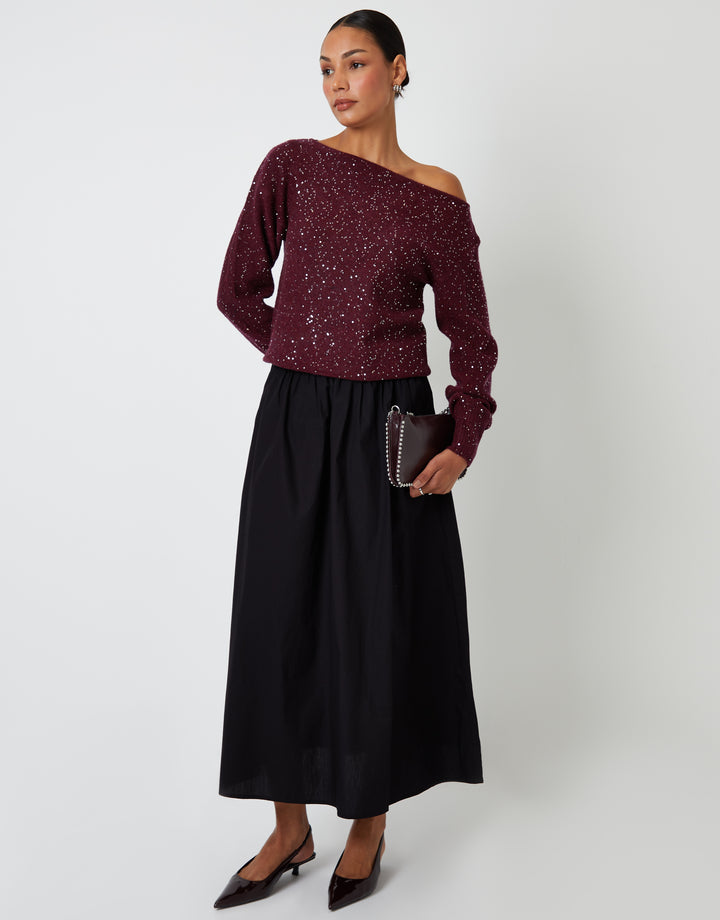 Berry Red Knitted Sequin Slash Neck Jumper