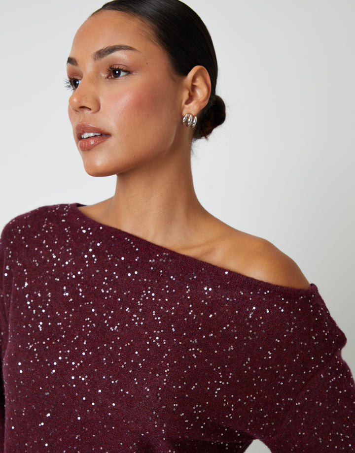 Berry Red Knitted Sequin Slash Neck Jumper