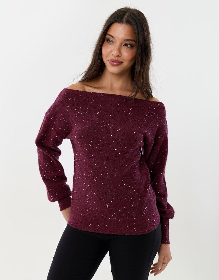 Knitted Sequin Slash Neck Jumper in Berry Red