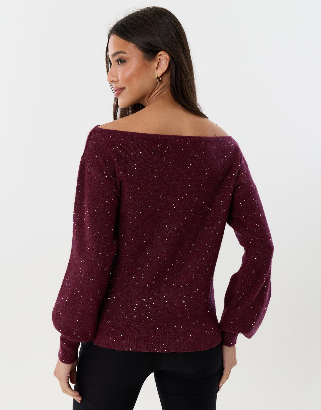 Knitted Sequin Slash Neck Jumper in Berry Red