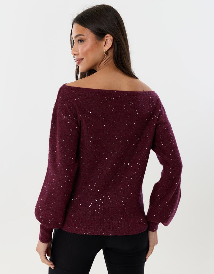 Knitted Sequin Slash Neck Jumper in Berry Red