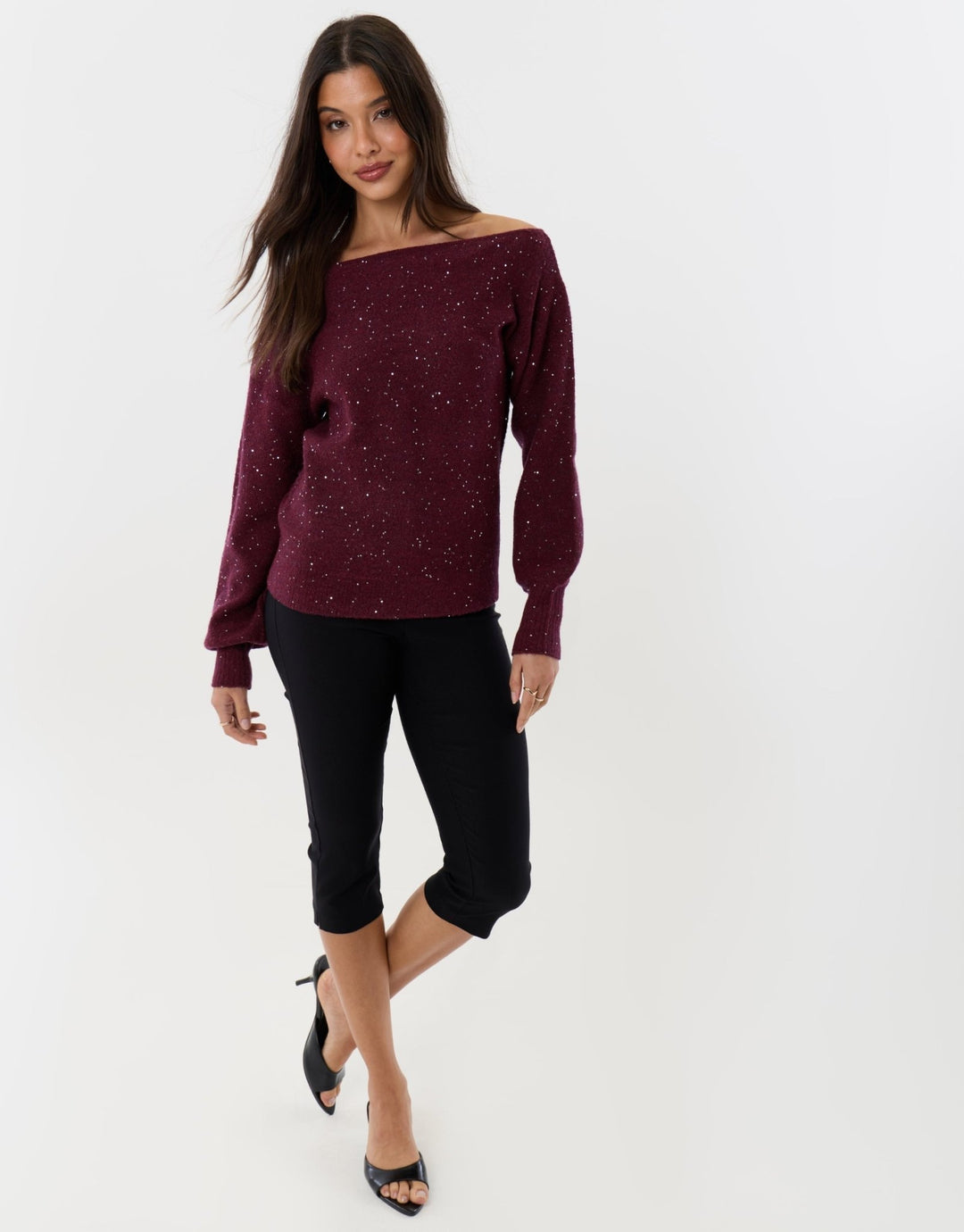 Knitted Sequin Slash Neck Jumper in Berry Red