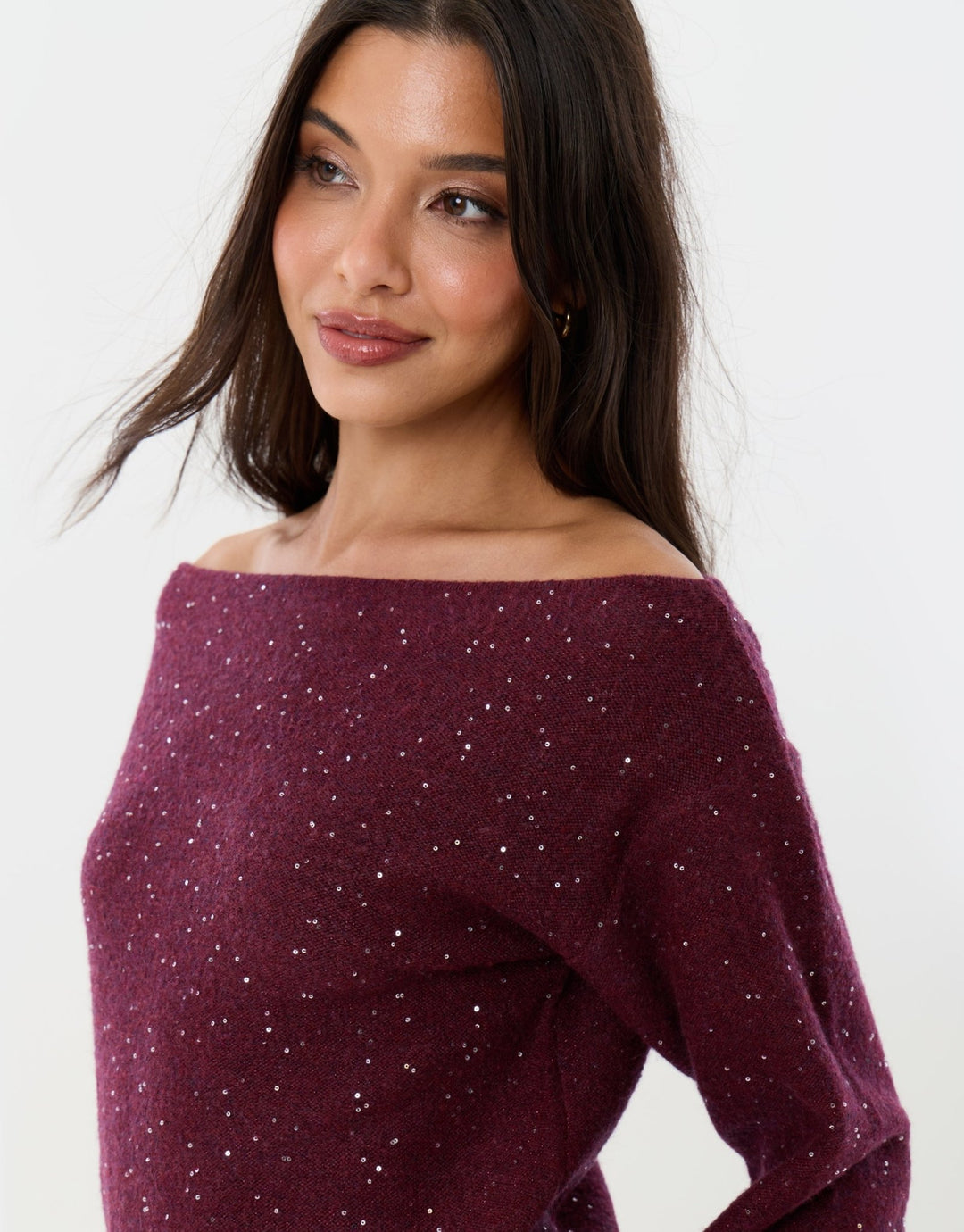 Knitted Sequin Slash Neck Jumper in Berry Red