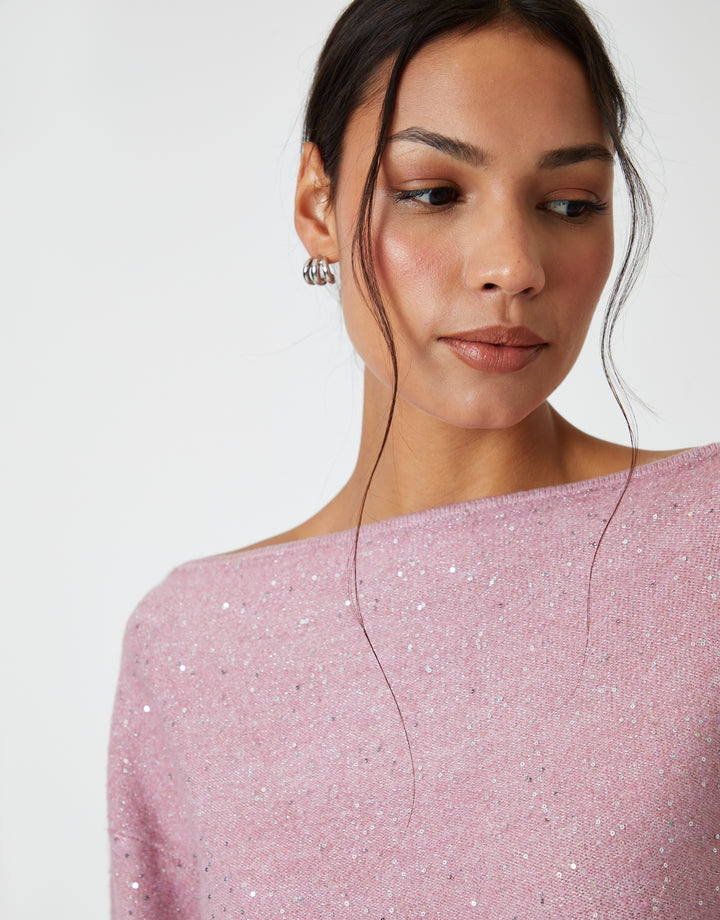 Pink Knitted Sequin Slash Neck Jumper