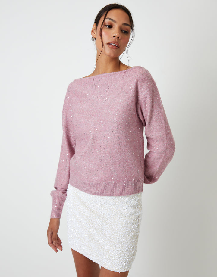 Pink Knitted Sequin Slash Neck Jumper