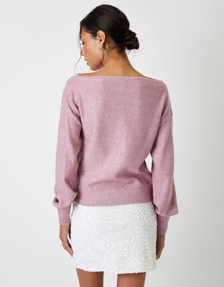 Pink Knitted Sequin Slash Neck Jumper