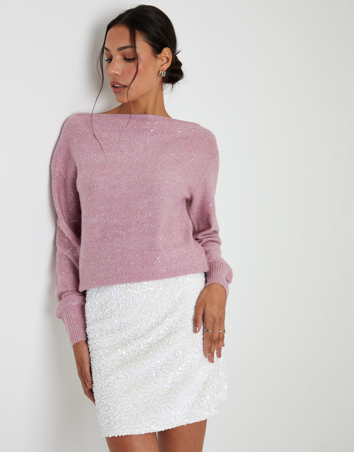 Pink Knitted Sequin Slash Neck Jumper