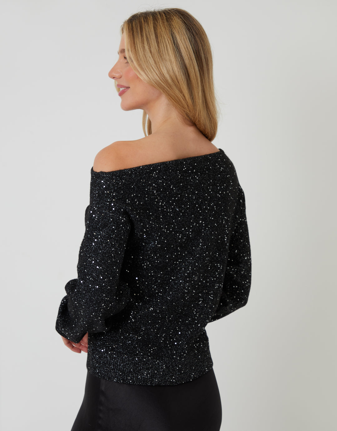 Black Knitted Sequin Slash Neck Jumper