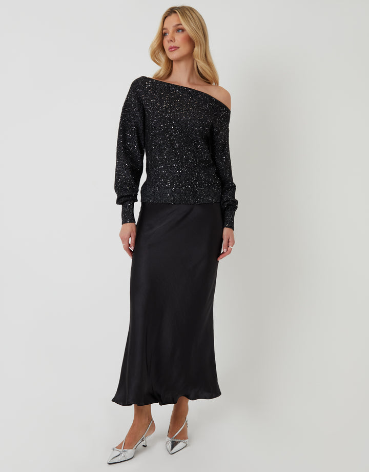 Black Knitted Sequin Slash Neck Jumper