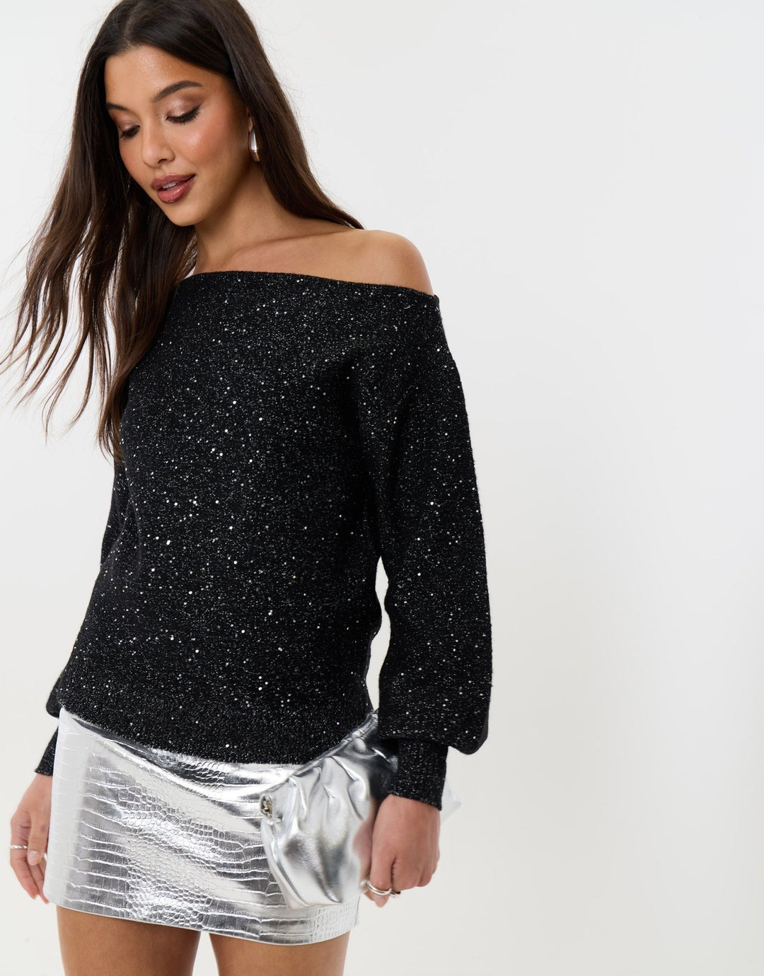Knitted Sequin Slash Neck Jumper in Black