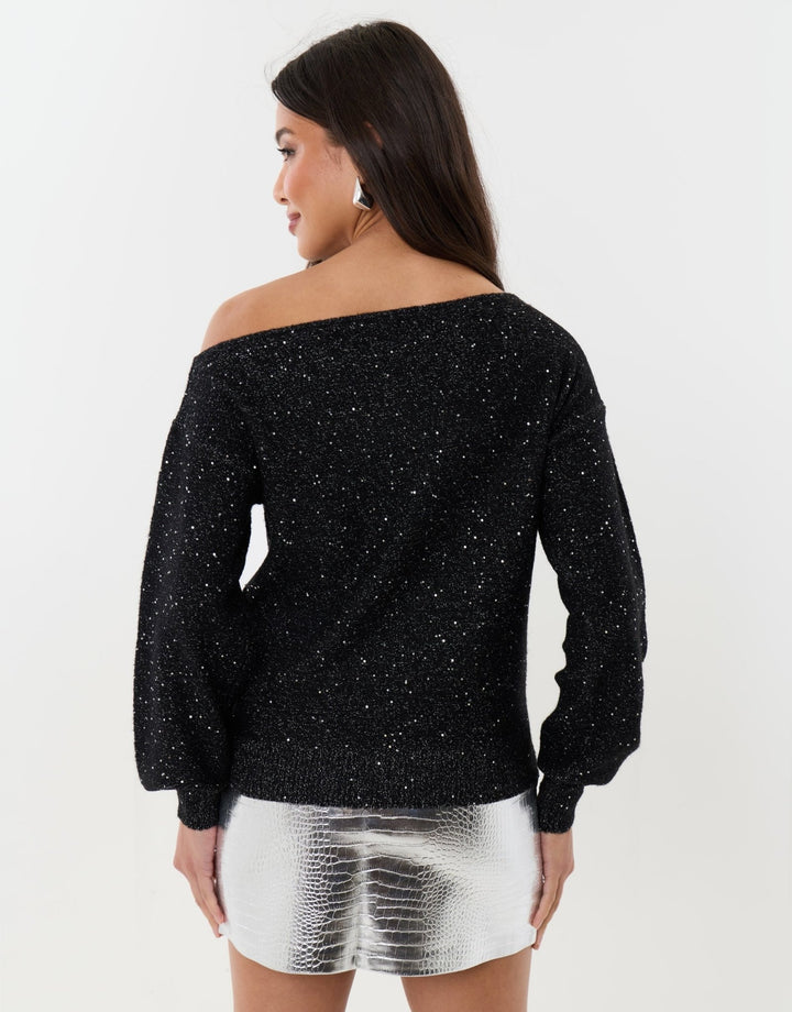 Knitted Sequin Slash Neck Jumper in Black