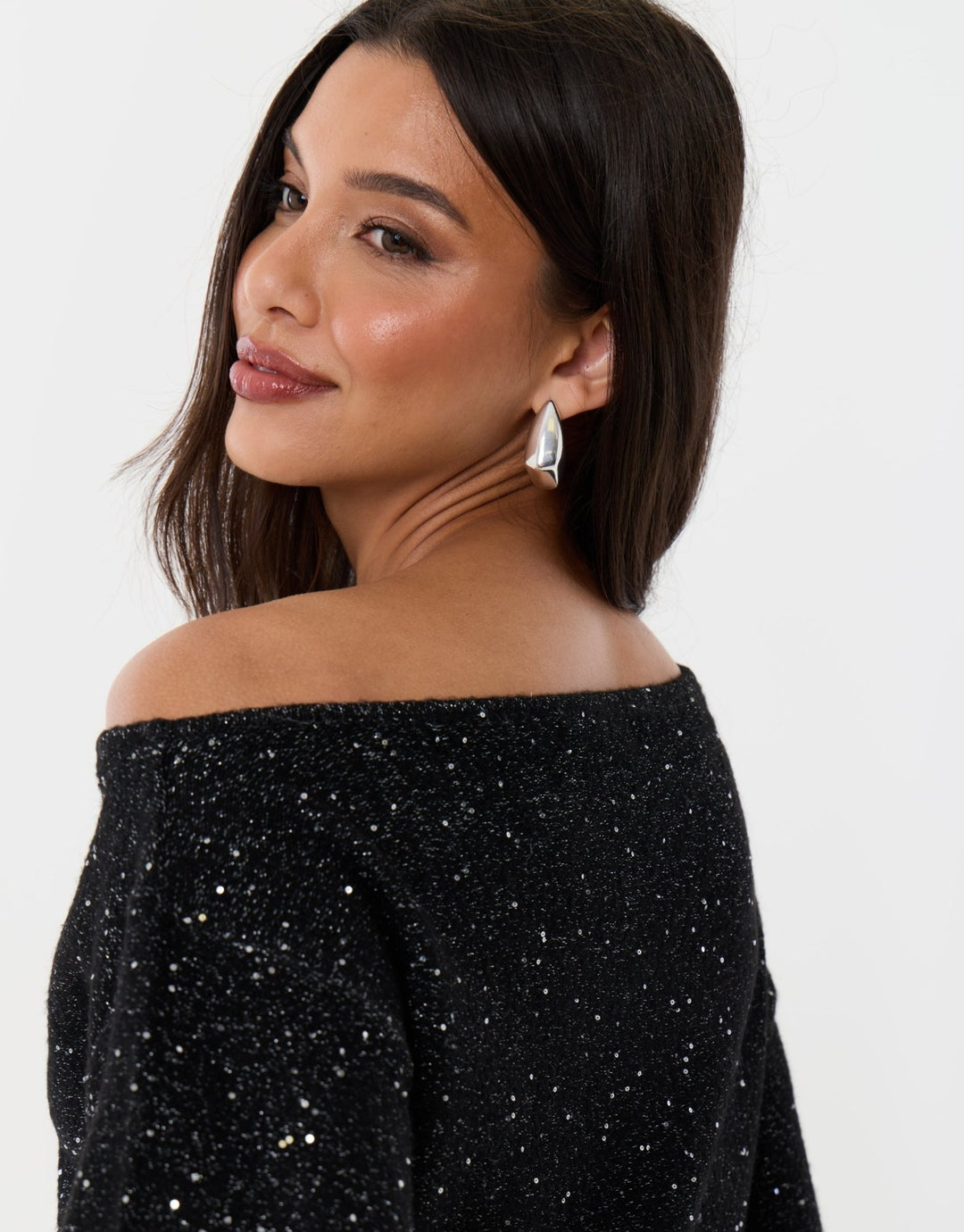 Knitted Sequin Slash Neck Jumper in Black