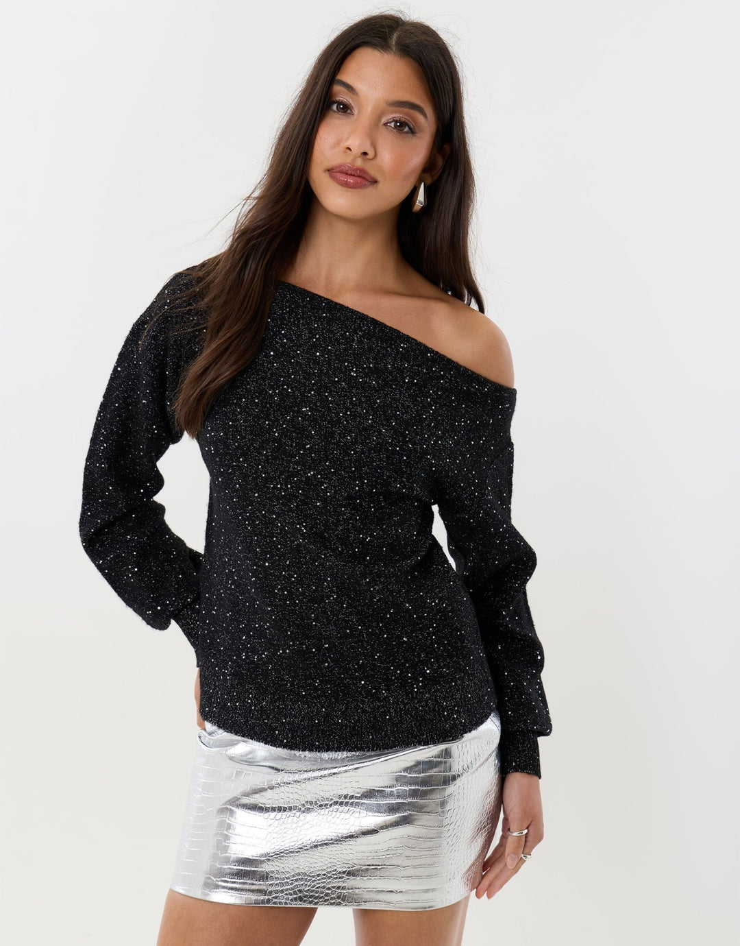 Knitted Sequin Slash Neck Jumper in Black