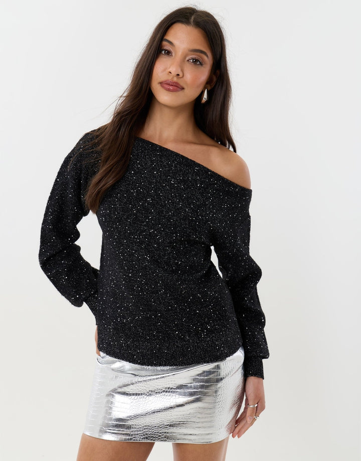 Knitted Sequin Slash Neck Jumper in Black