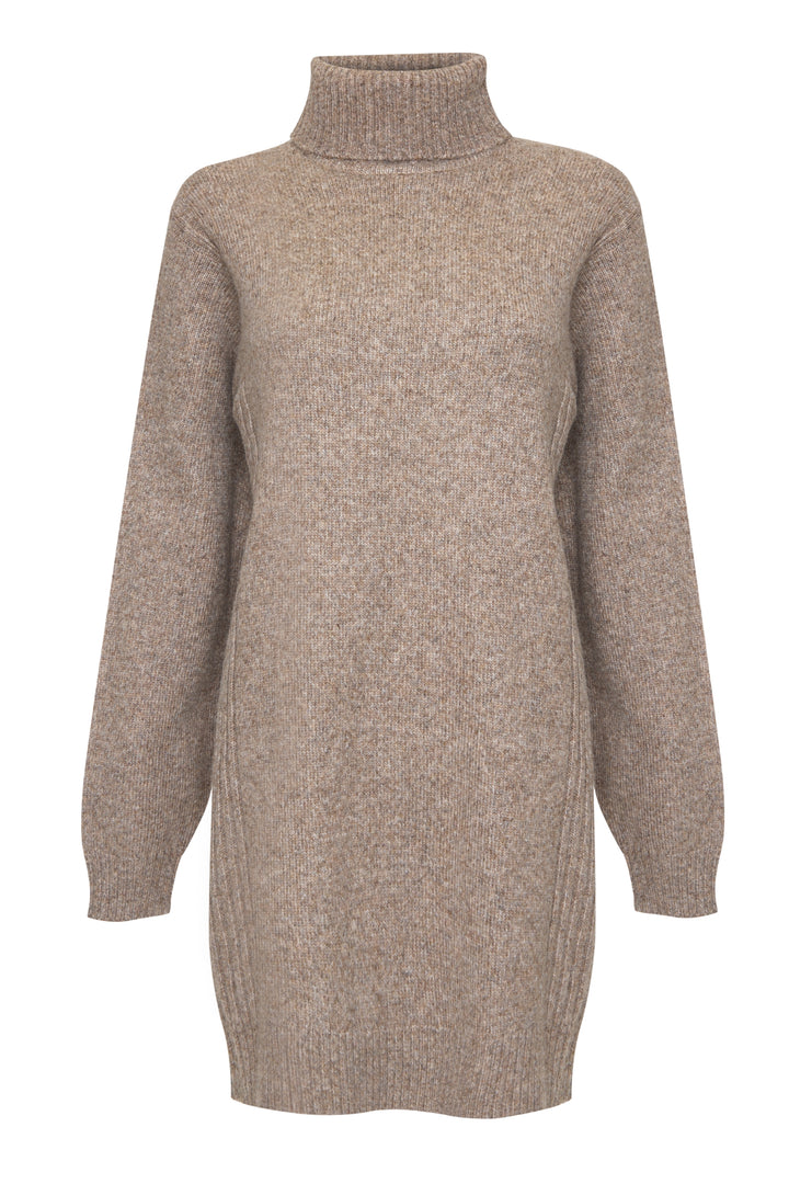 Beige Roll Neck Knitted Mini Dress