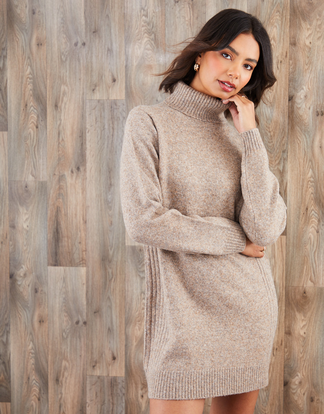 Threadbare Women's Beige Roll Neck Knitted Mini Dress Threadbare Women's Beige Roll Neck Knitted Mini Dress