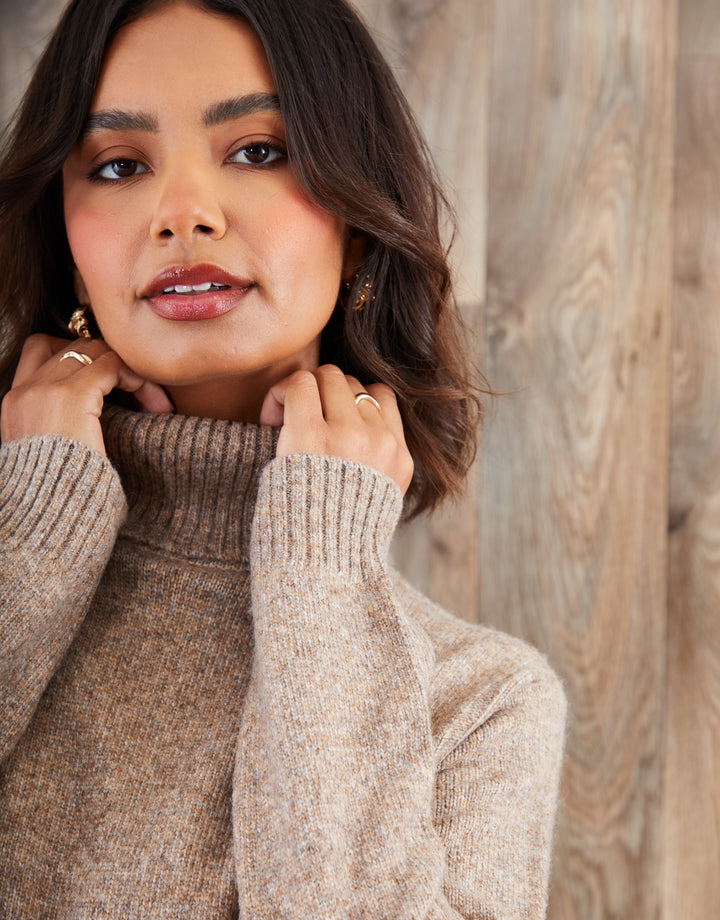 Beige Roll Neck Knitted Mini Dress