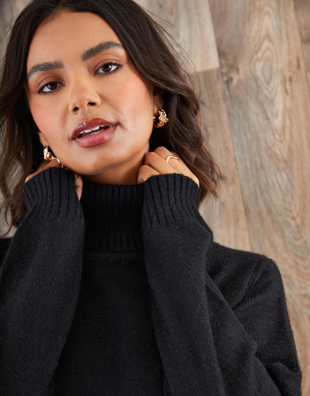 Black Roll Neck Knitted Mini Dress