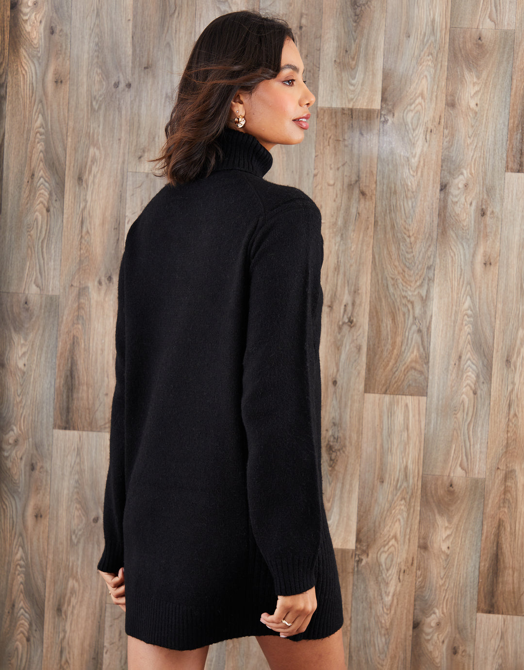 Black Roll Neck Knitted Mini Dress