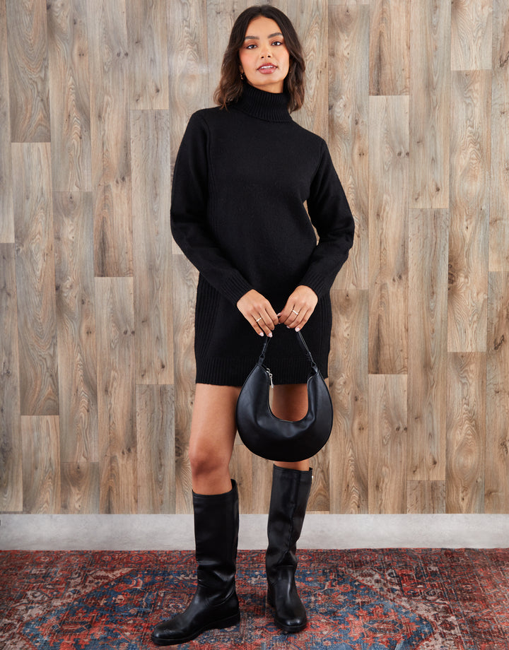 Black Roll Neck Knitted Mini Dress