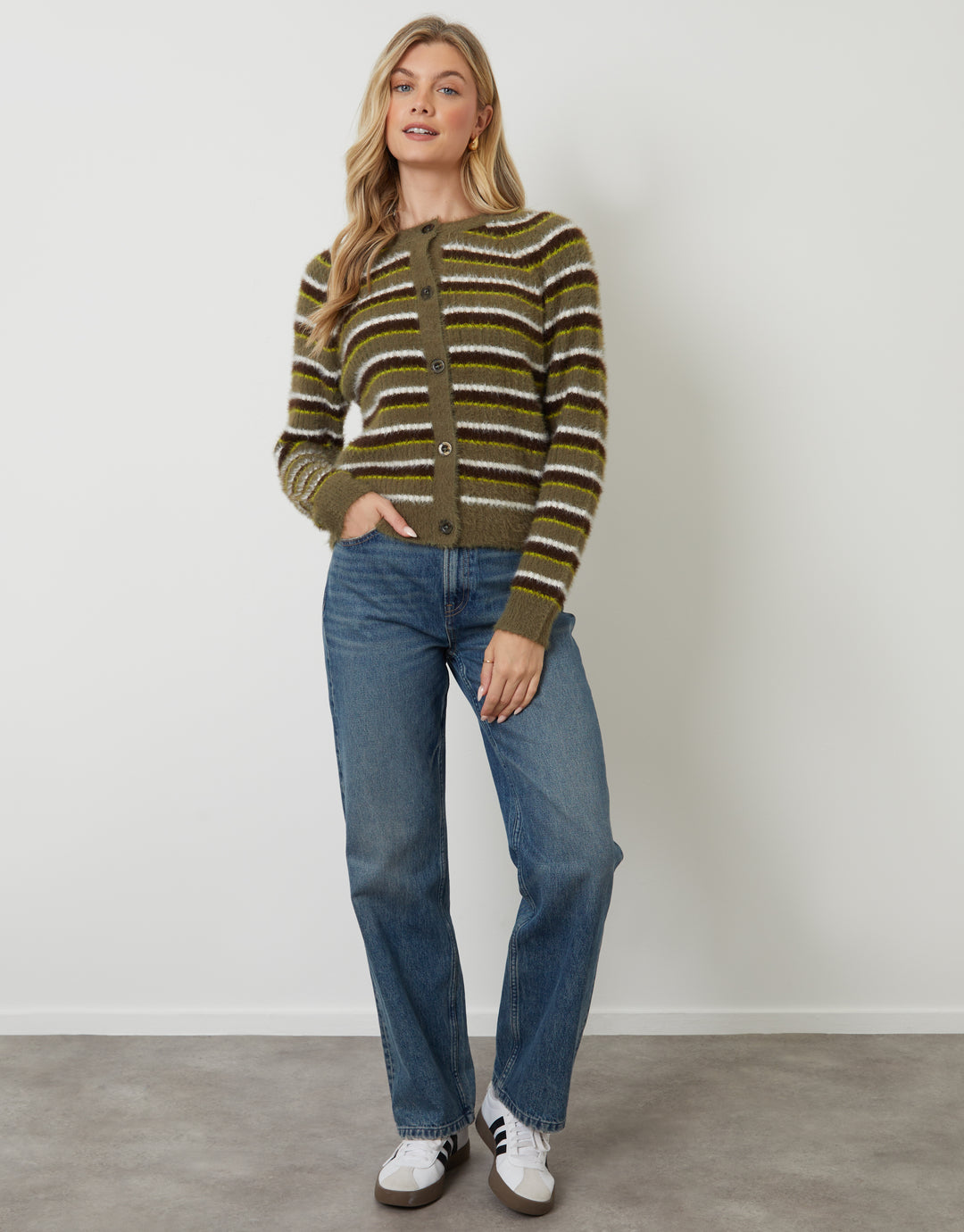 Olive Green Striped Fluffy Knitted Cardigan