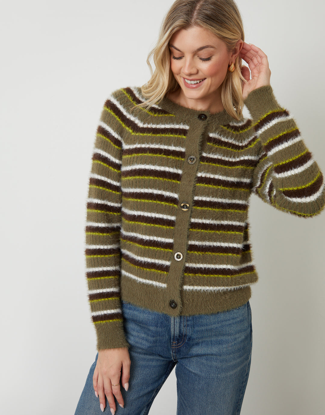 Olive Green Striped Fluffy Knitted Cardigan