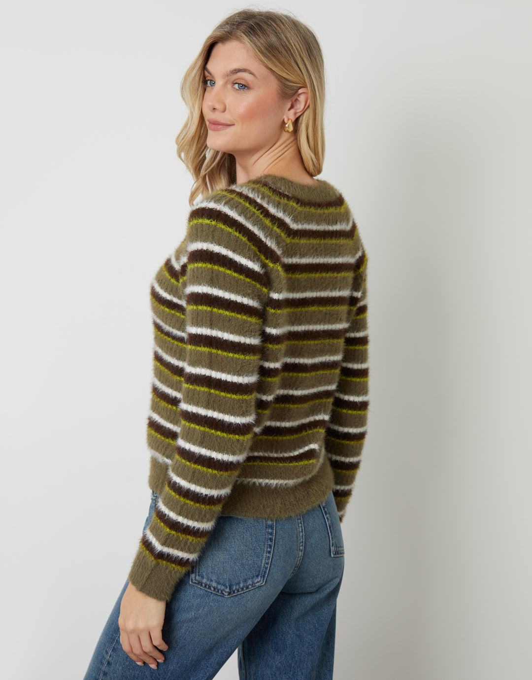 Olive Green Striped Fluffy Knitted Cardigan