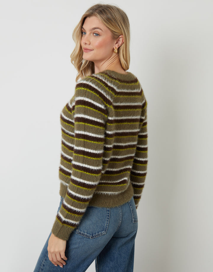 Olive Green Striped Fluffy Knitted Cardigan