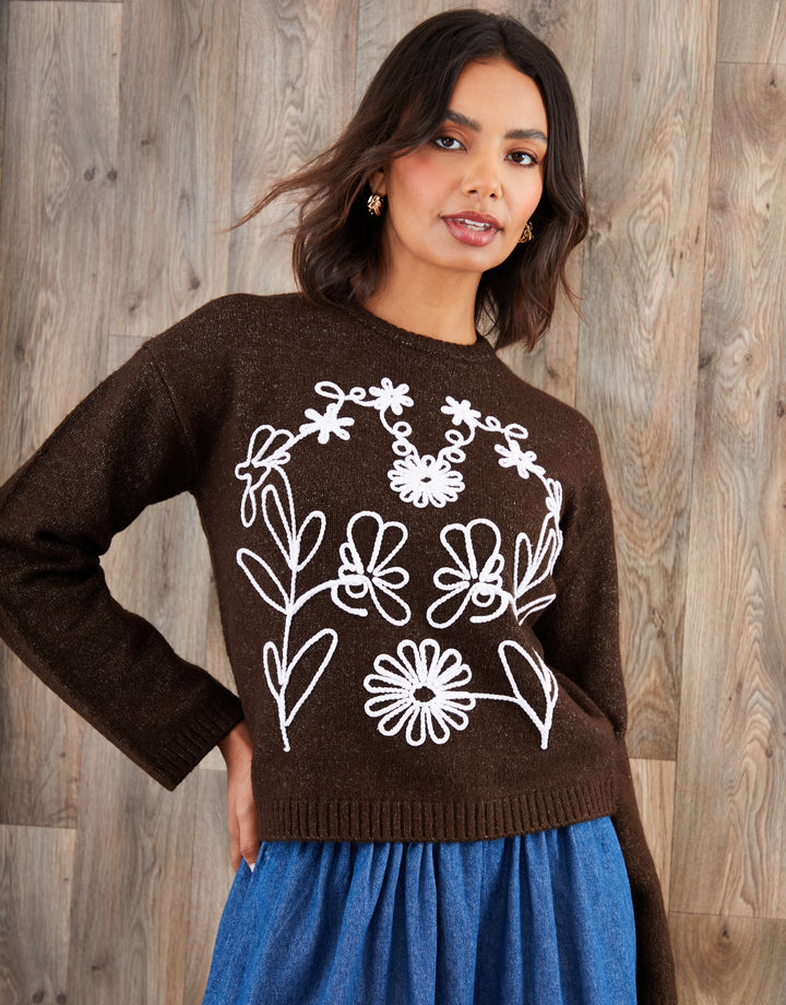 Chocolate Brown Cornelli Embellished Knitted Jumper