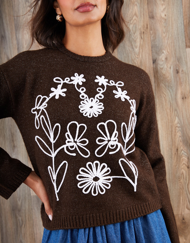 Chocolate Brown Cornelli Embellished Knitted Jumper