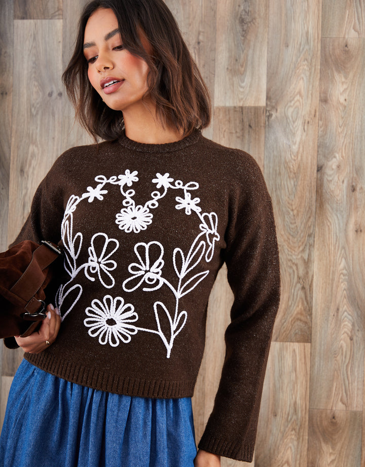 Chocolate Brown Cornelli Embellished Knitted Jumper