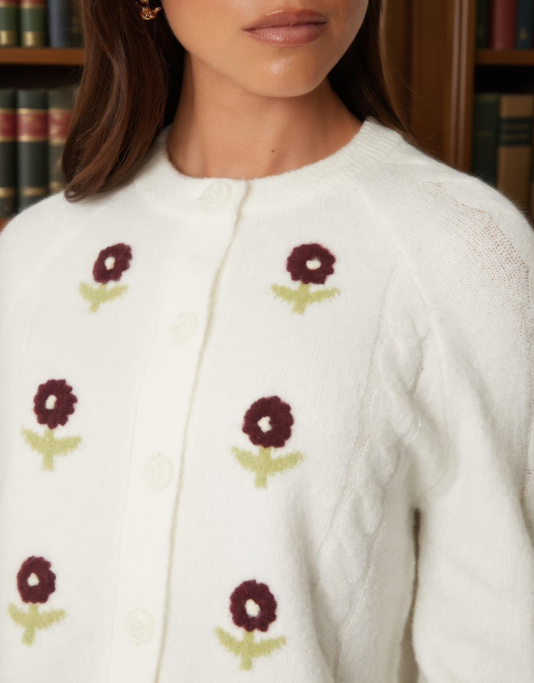Ecru Knitted Floral Embroidery Cardigan