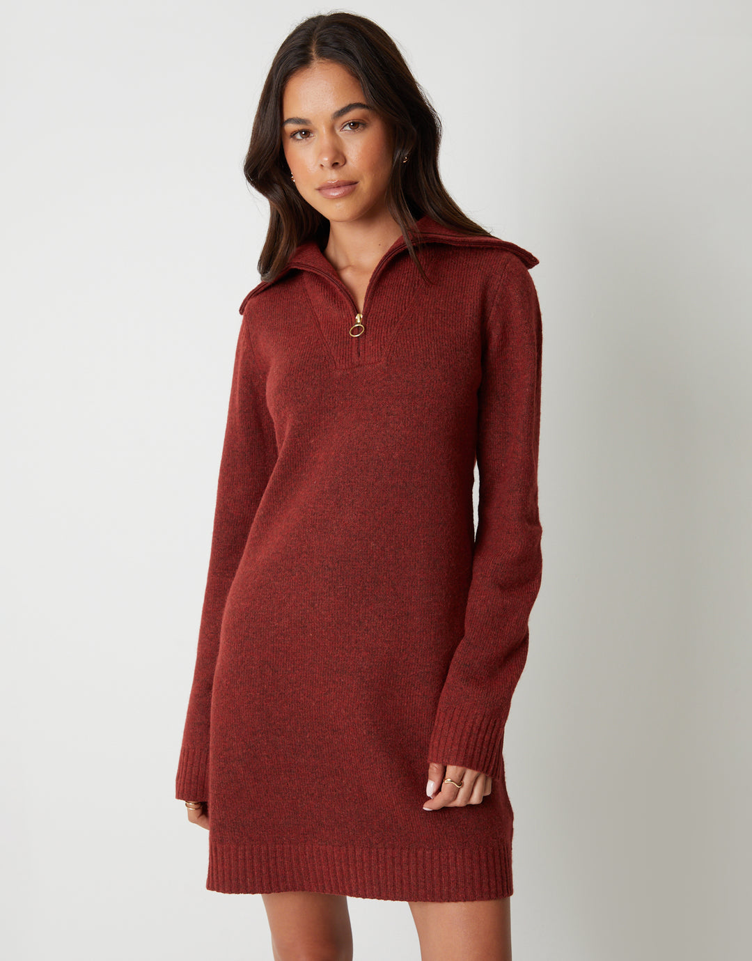 Quarter Zip Brushed Knit Mini Dress in Rust Orange