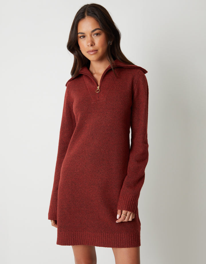 Quarter Zip Brushed Knit Mini Dress in Rust Orange
