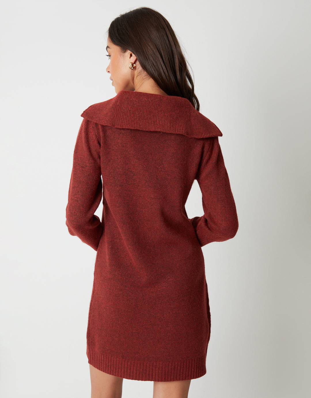 Quarter Zip Brushed Knit Mini Dress in Rust Orange