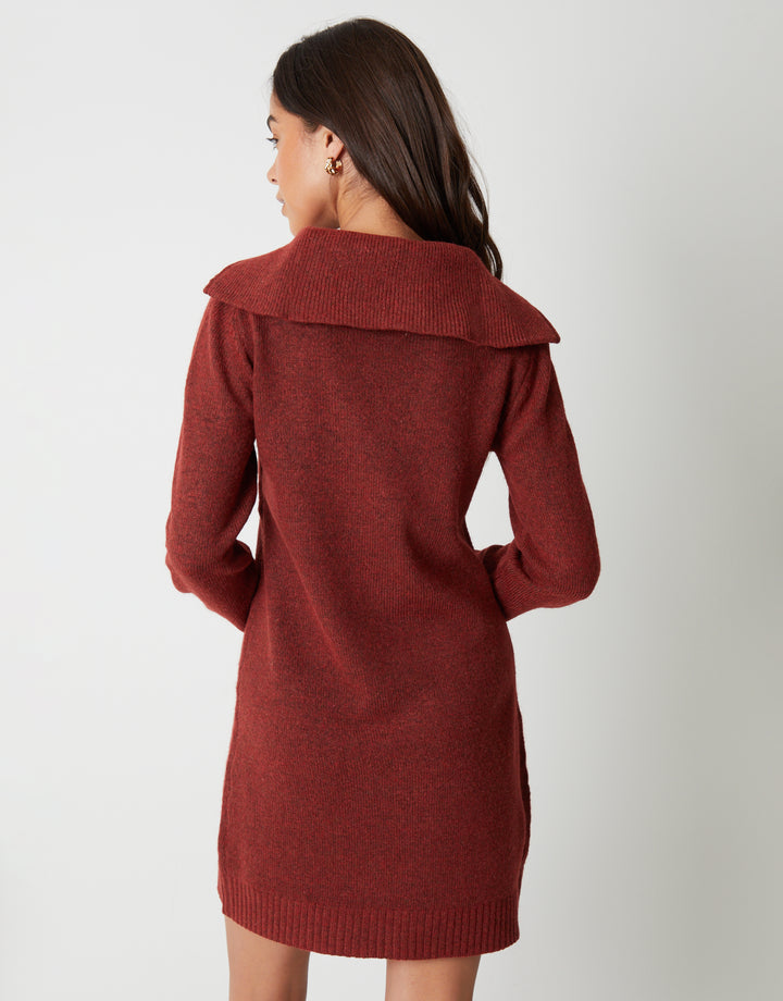 Quarter Zip Brushed Knit Mini Dress in Rust Orange