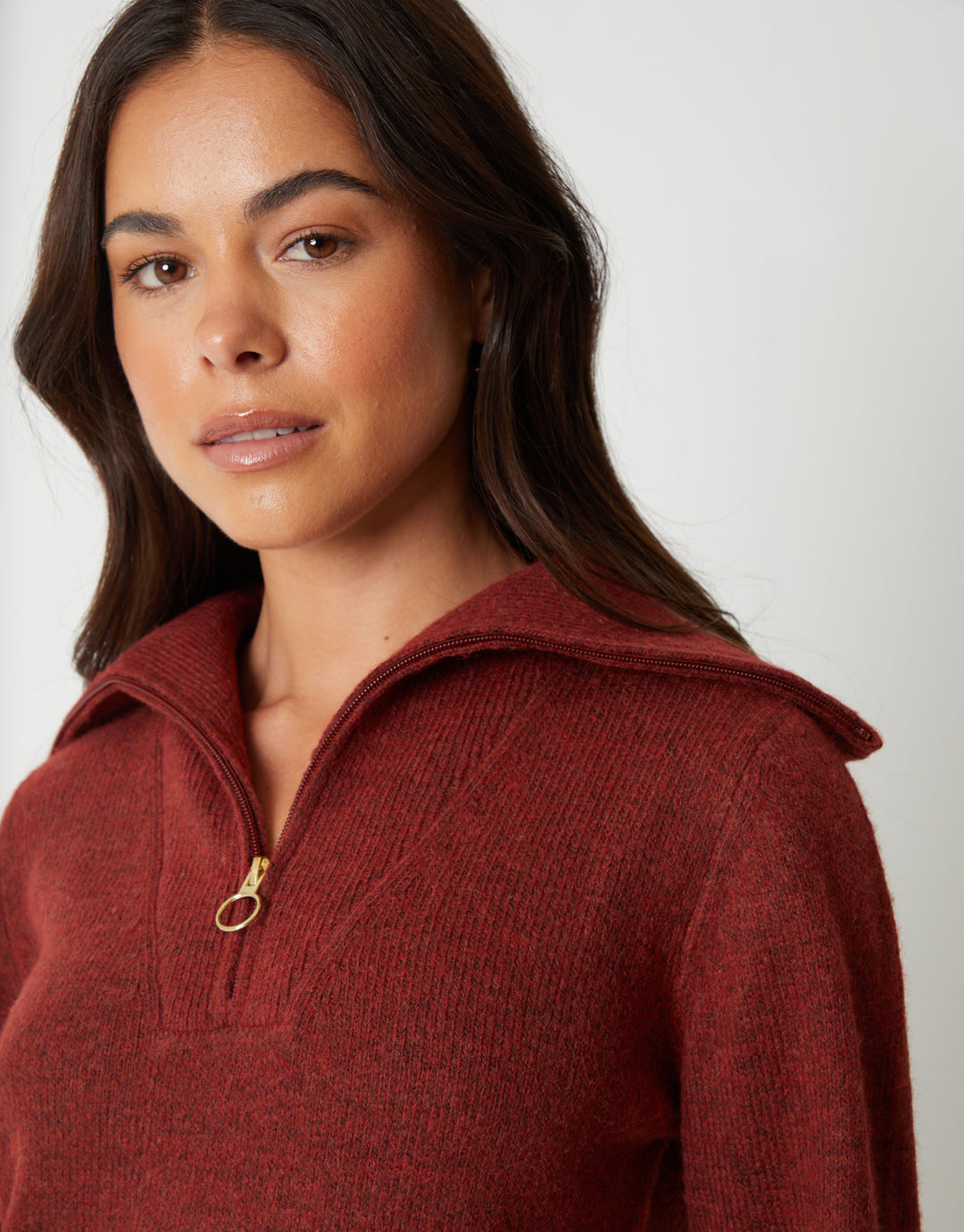 Quarter Zip Brushed Knit Mini Dress in Rust Orange