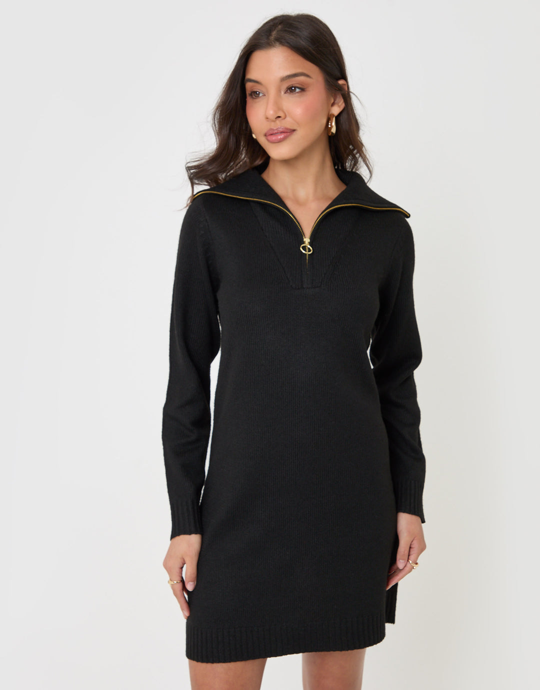 Threadbare Quarter Zip Brushed Knit Mini Dress in Black - front view