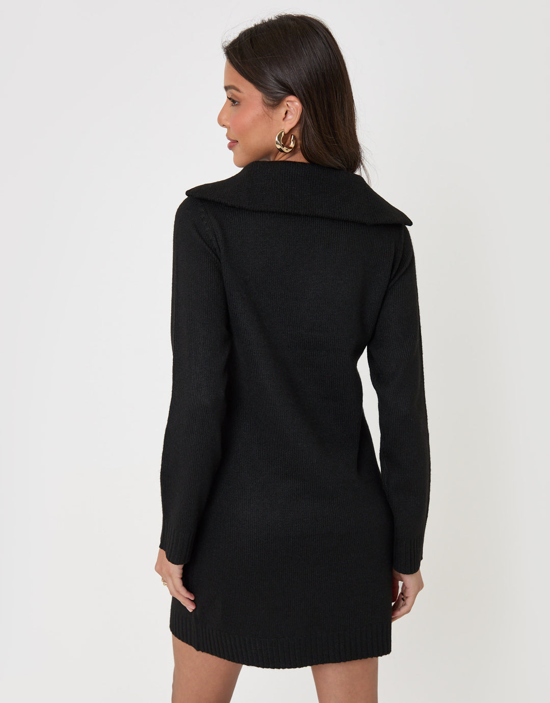 Threadbare Quarter Zip Brushed Knit Mini Dress in Black - back view