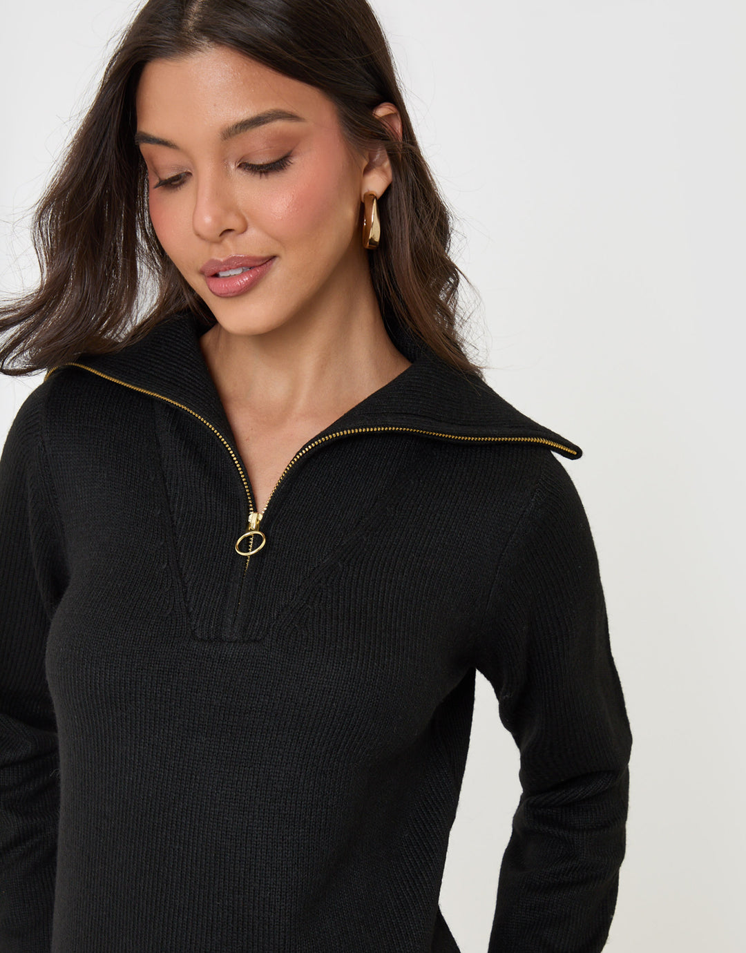 Threadbare Quarter Zip Brushed Knit Mini Dress in Black - close up