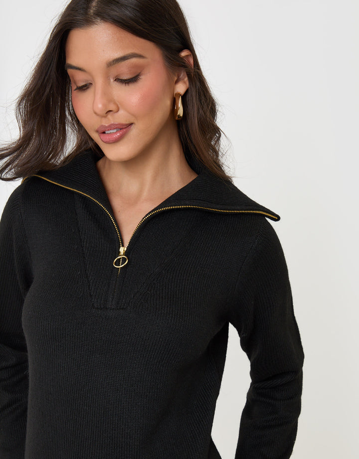 Threadbare Quarter Zip Brushed Knit Mini Dress in Black - close up