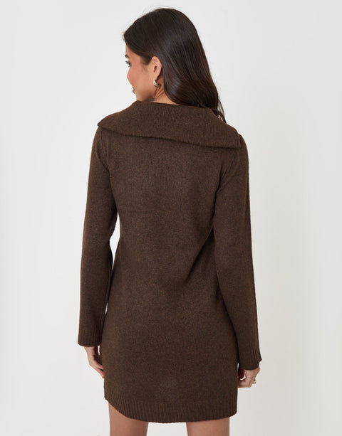 Threadbare Quarter Zip Brushed Knit Mini Dress in Chocolate Brown - back view