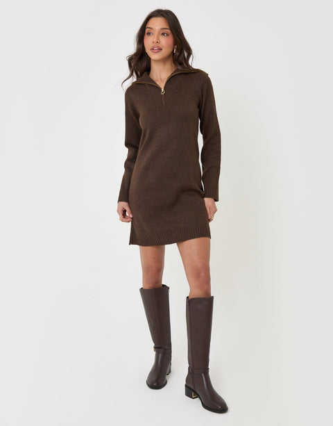 Threadbare Quarter Zip Brushed Knit Mini Dress in Chocolate Brown - front view