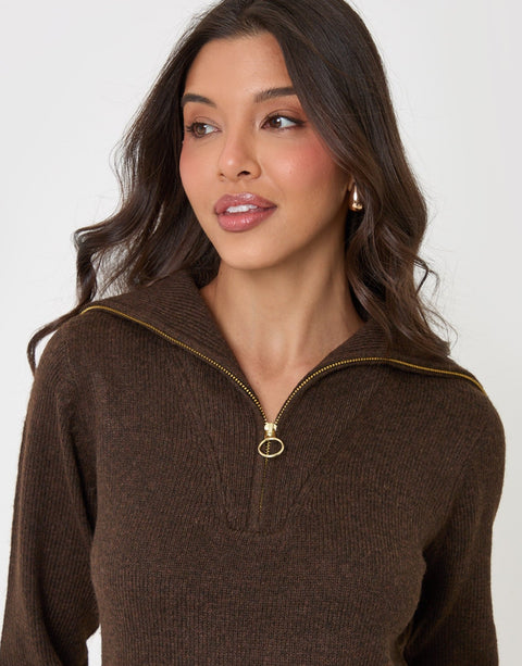 Threadbare Quarter Zip Brushed Knit Mini Dress in Chocolate Brown - close up