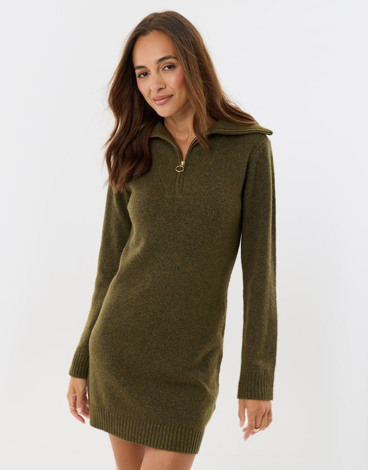 The Classic Brushed Knit Mini Dress in Olive Green