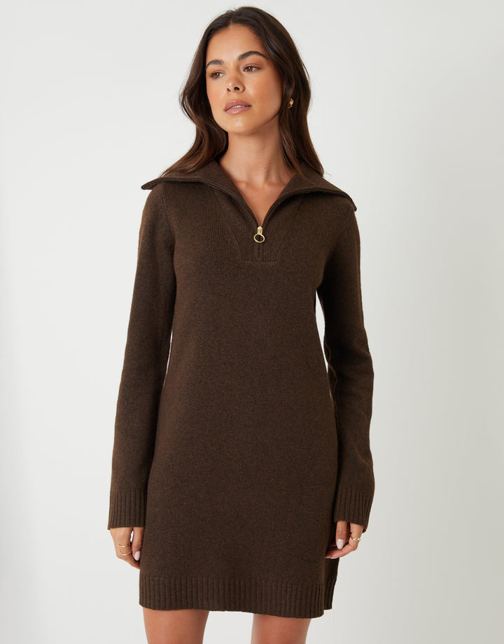 Chocolate Brown Quarter Zip Brushed Knit Mini Dress