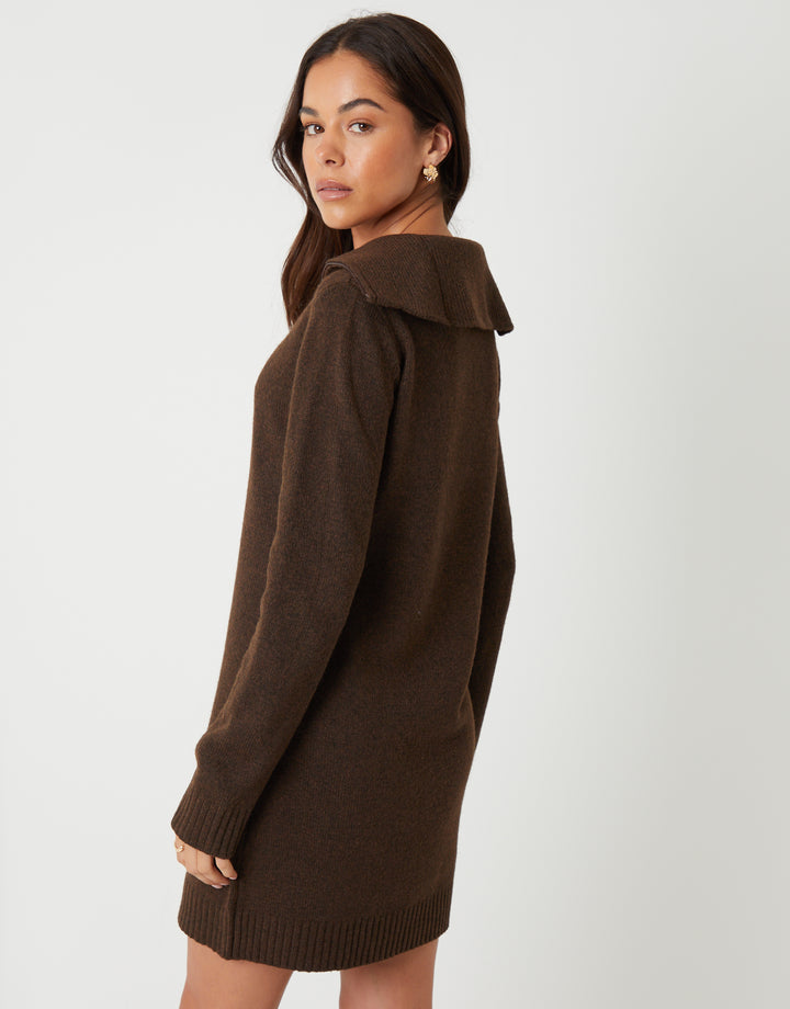 Chocolate Brown Quarter Zip Brushed Knit Mini Dress