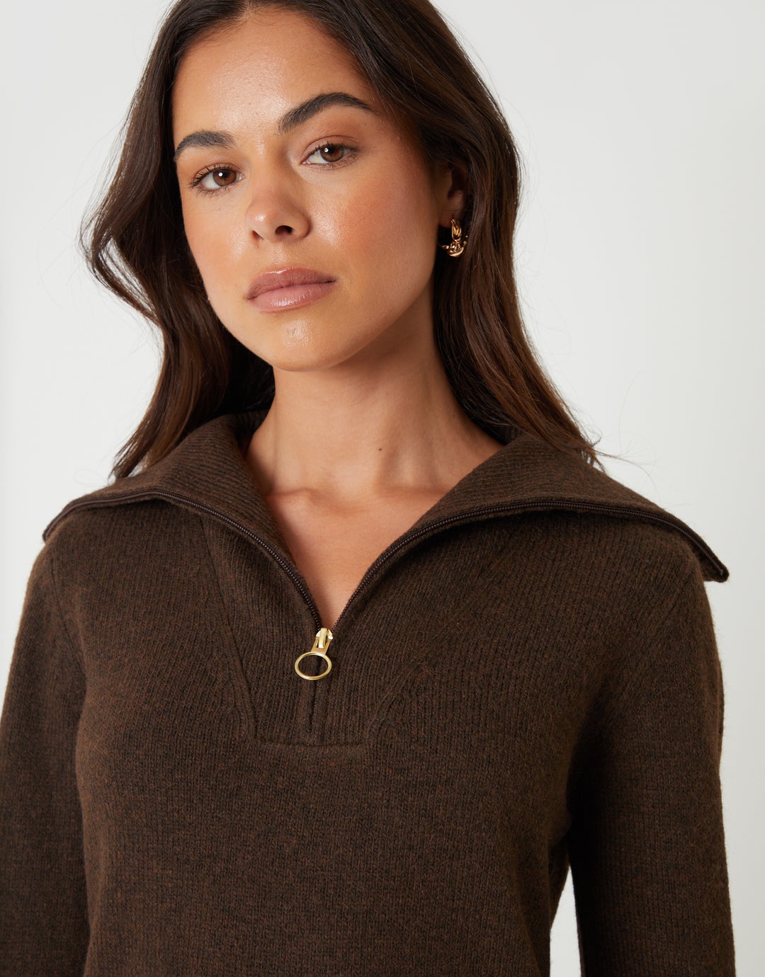 Chocolate Brown Quarter Zip Brushed Knit Mini Dress